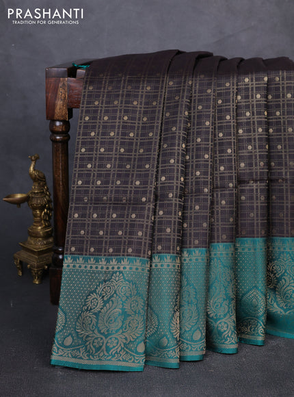 Kanchipuram soft silk saree black and green with allover zari checks & buttas and long zari woven border