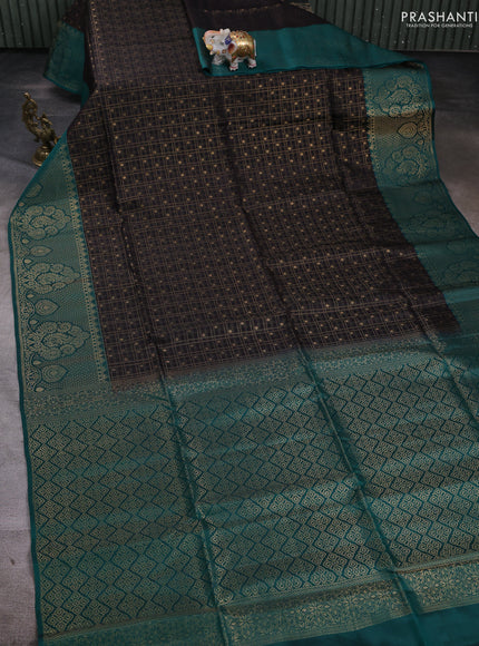 Kanchipuram soft silk saree black and green with allover zari checks & buttas and long zari woven border