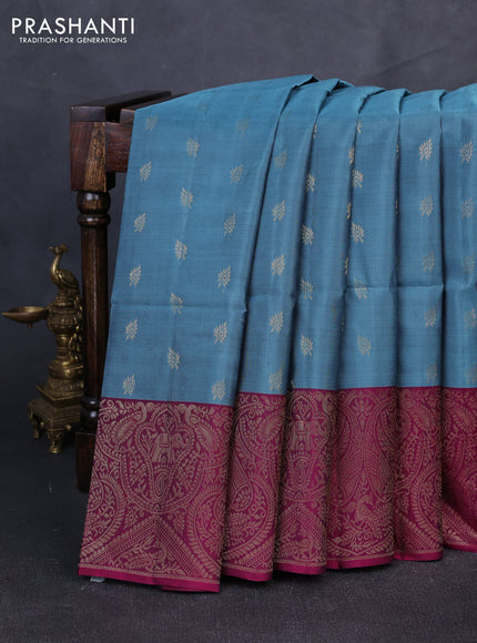 Kanchipuram soft silk saree pastel blue and magenta pink with allover zari woven buttas and long zari woven border