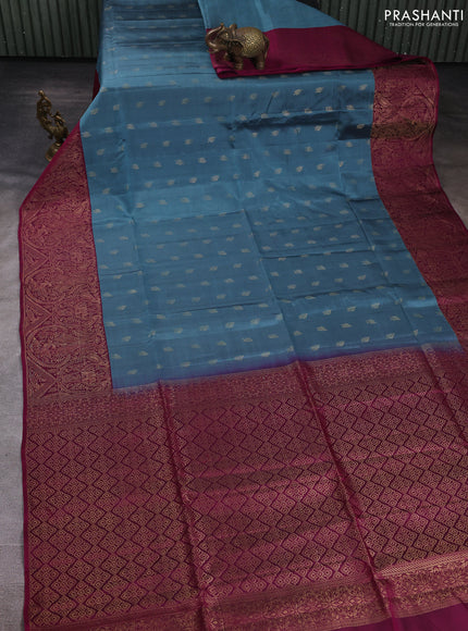 Kanchipuram soft silk saree pastel blue and magenta pink with allover zari woven buttas and long zari woven border