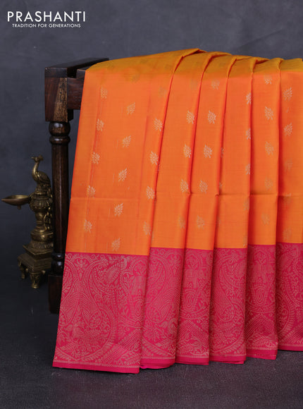 Kanchipuram soft silk saree orange and pink with allover zari woven buttas and long zari woven border