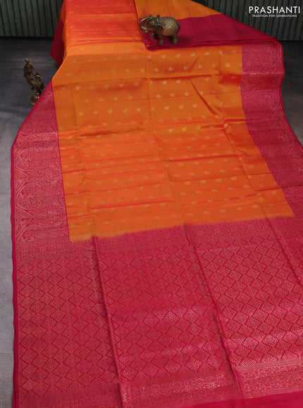 Kanchipuram soft silk saree orange and pink with allover zari woven buttas and long zari woven border