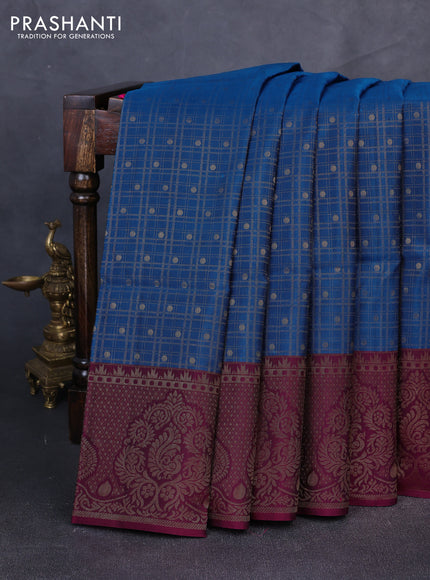 Kanchipuram soft silk saree cs blue and magenta pink with allover zari checks & buttas and long zari woven border