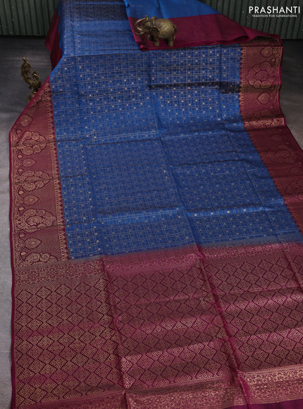 Kanchipuram soft silk saree cs blue and magenta pink with allover zari checks & buttas and long zari woven border