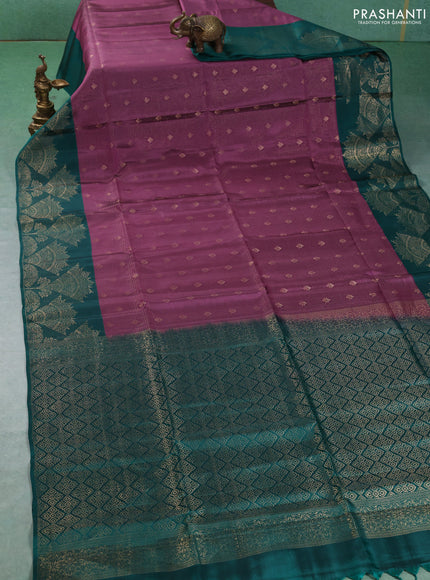 Kanchipuram soft silk saree onion pink and green with allover zari weaves & buttas and long zari woven border