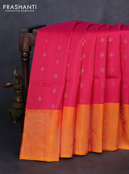 Kanchipuram soft silk saree pink and orange with allover zari weaves & buttas and long zari woven border