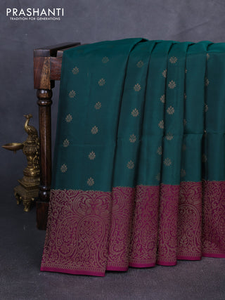 Kanchipuram soft silk saree green and pink with allover zari woven buttas and long zari woven border