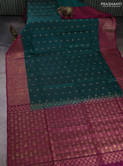 Kanchipuram soft silk saree green and pink with allover zari woven buttas and long zari woven border