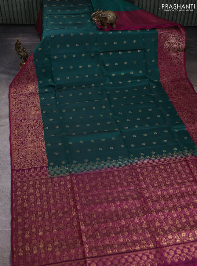 Kanchipuram soft silk saree green and pink with allover zari woven buttas and long zari woven border
