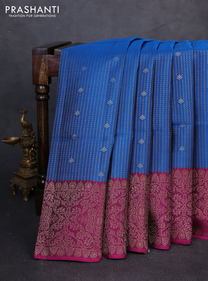 Kanchipuram soft silk saree peacock blue and dark magenta pink with allover zari weaves & buttas and long zari woven border