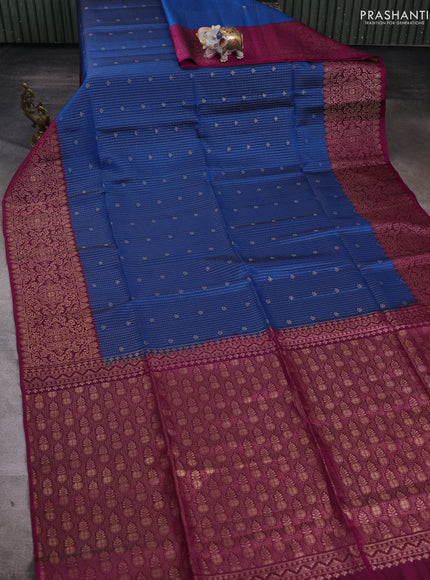 Kanchipuram soft silk saree peacock blue and dark magenta pink with allover zari weaves & buttas and long zari woven border