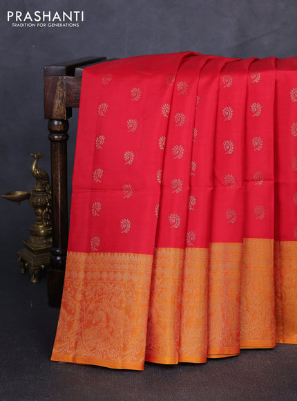 Kanchipuram soft silk saree red and mango yellow with allover zari woven buttas and long zari woven border
