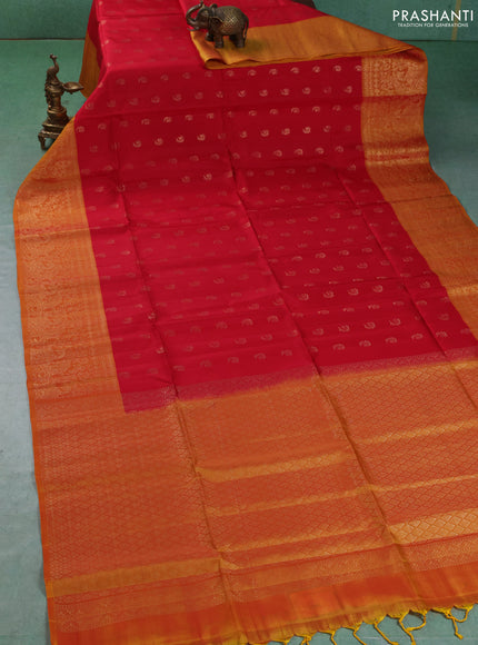 Kanchipuram soft silk saree red and mango yellow with allover zari woven buttas and long zari woven border