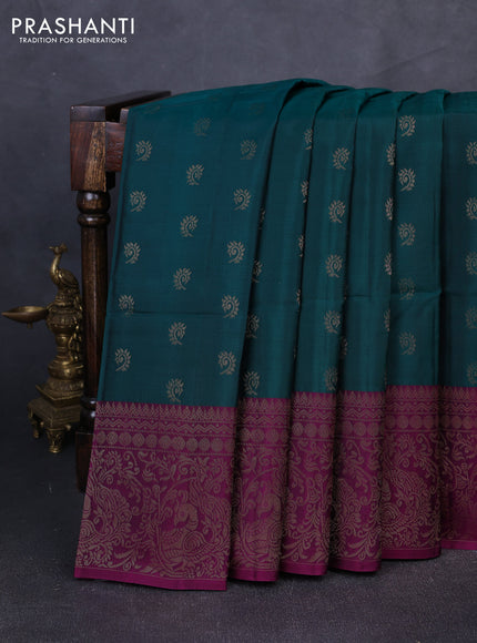 Kanchipuram soft silk saree green and magenta pink with allover zari woven buttas and long zari woven border