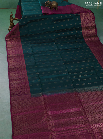 Kanchipuram soft silk saree green and magenta pink with allover zari woven buttas and long zari woven border