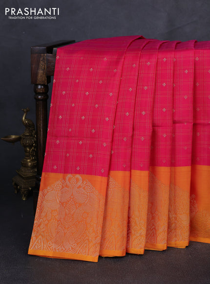 Kanchipuram soft silk saree pink and sunset orange with allover zari checks & buttas and long zari woven border