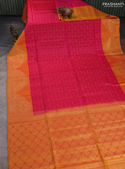 Kanchipuram soft silk saree pink and sunset orange with allover zari checks & buttas and long zari woven border