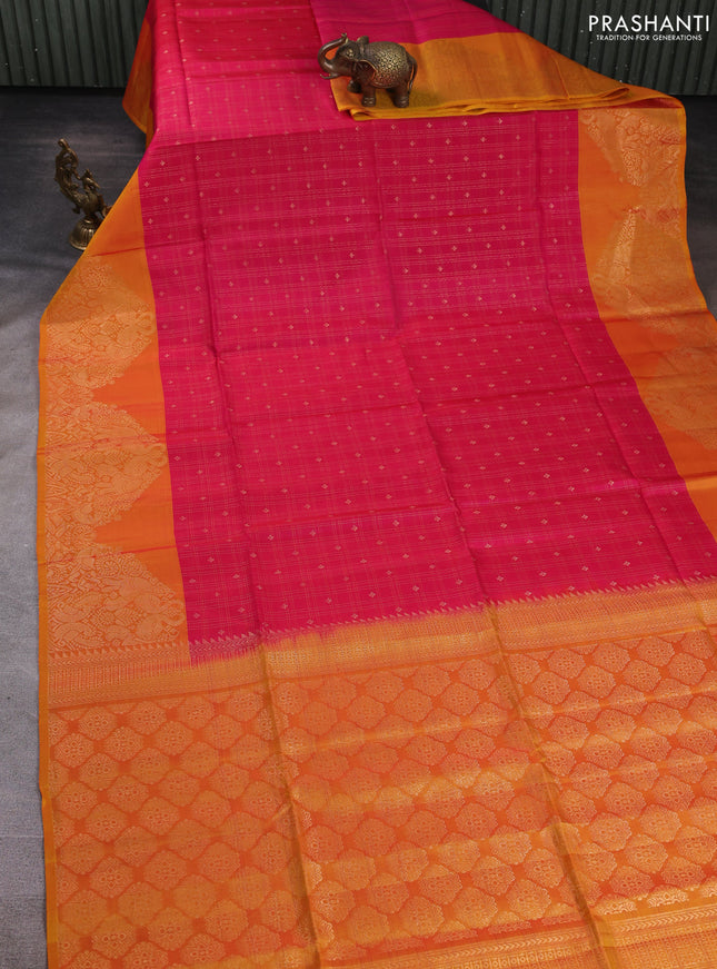 Kanchipuram soft silk saree pink and sunset orange with allover zari checks & buttas and long zari woven border