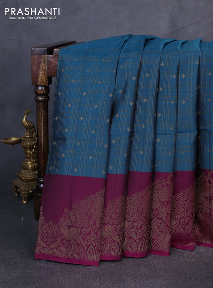 Kanchipuram soft silk saree blue and magenta pink with allover zari checks & buttas and long zari woven border