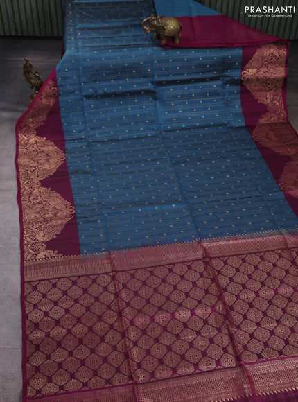 Kanchipuram soft silk saree blue and magenta pink with allover zari checks & buttas and long zari woven border