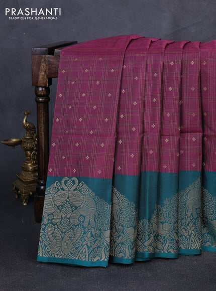 Kanchipuram soft silk saree dark magenta pink and green with allover zari checks & buttas and long zari woven border