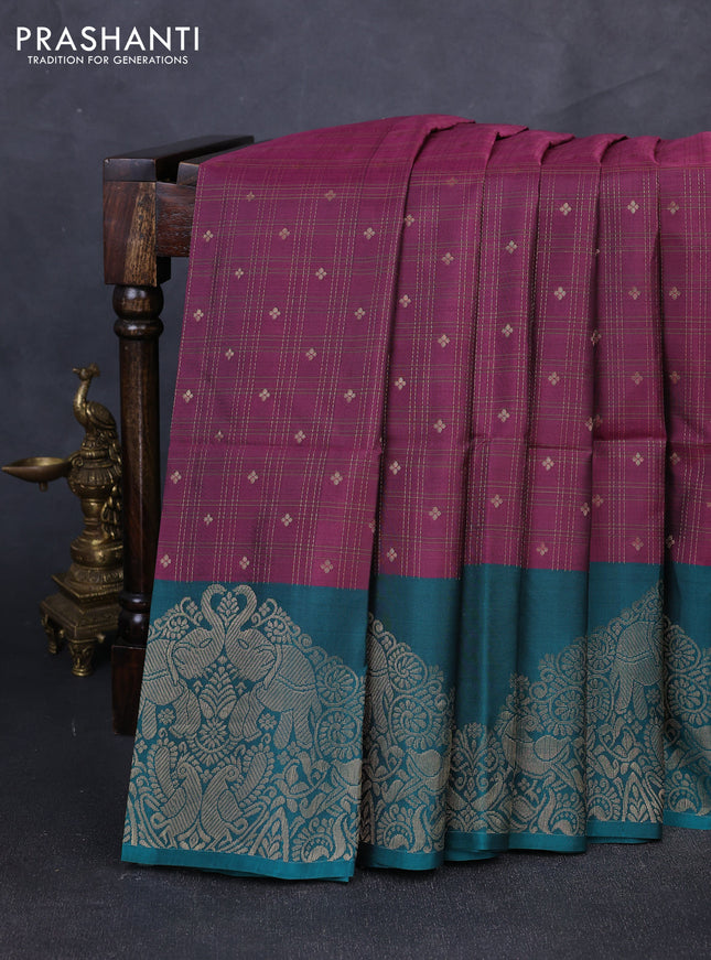Kanchipuram soft silk saree dark magenta pink and green with allover zari checks & buttas and long zari woven border