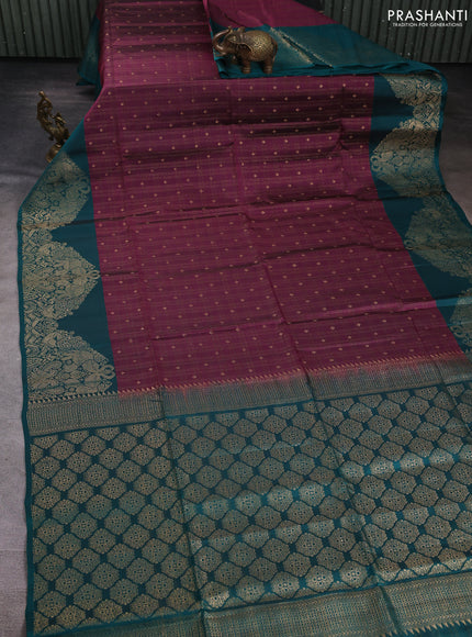 Kanchipuram soft silk saree dark magenta pink and green with allover zari checks & buttas and long zari woven border