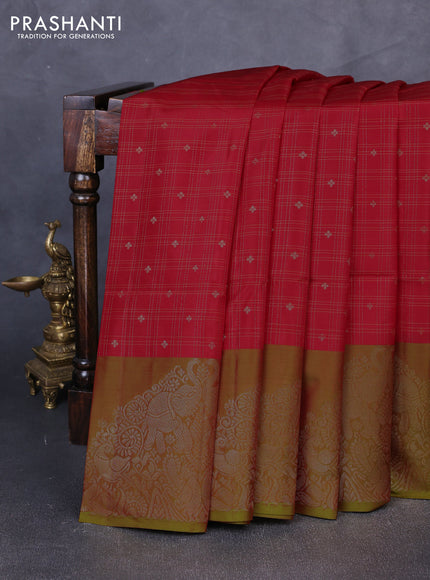 Kanchipuram soft silk saree red and dual shade of greenish red with allover zari checks & buttas and long zari woven border