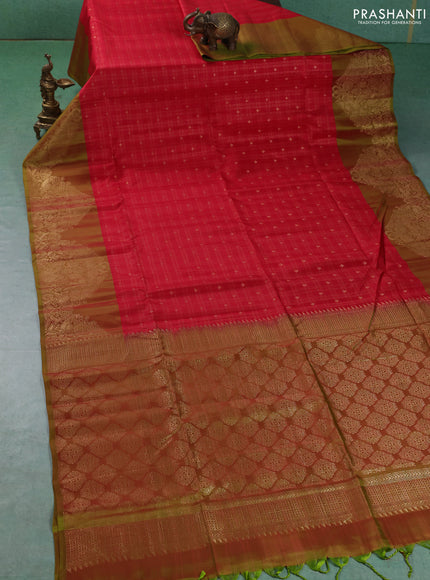 Kanchipuram soft silk saree red and dual shade of greenish red with allover zari checks & buttas and long zari woven border