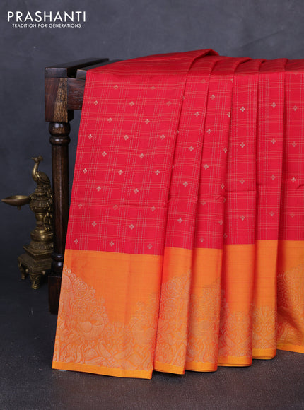 Kanchipuram soft silk saree red and orange with allover zari checks & buttas and long zari woven border