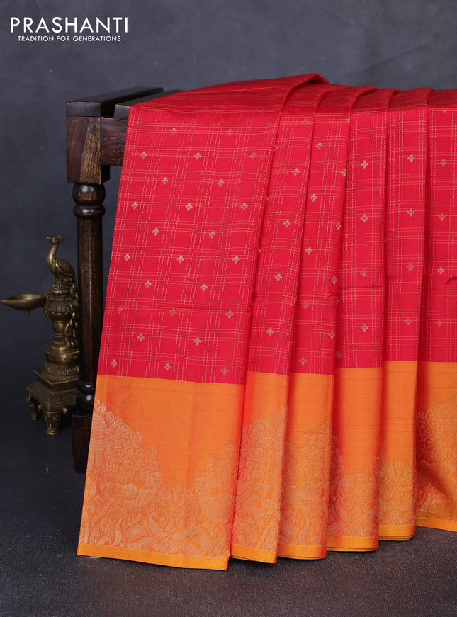 Kanchipuram soft silk saree red and orange with allover zari checks & buttas and long zari woven border