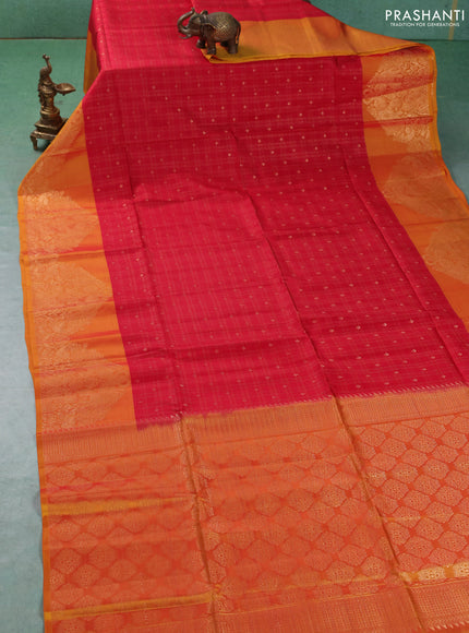 Kanchipuram soft silk saree red and orange with allover zari checks & buttas and long zari woven border