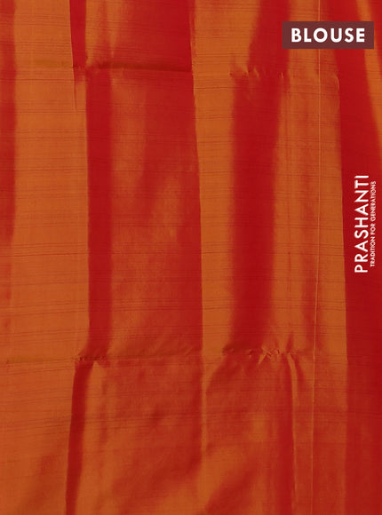 Kanchipuram soft silk saree red and orange with allover zari checks & buttas and long zari woven border