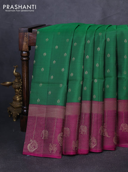 Kanchipuram soft silk saree green and dark magenta pink with allover zari woven buttas and long zari woven border