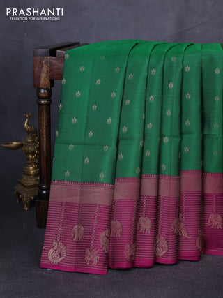 Kanchipuram soft silk saree green and dark magenta pink with allover zari woven buttas and long zari woven border