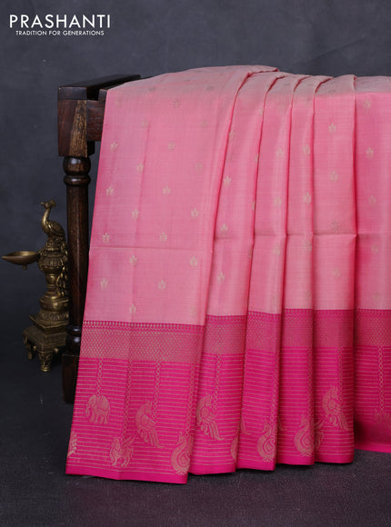 Kanchipuram soft silk saree peach pink and pink with allover zari woven buttas and long zari woven border