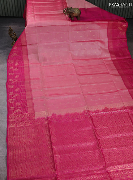 Kanchipuram soft silk saree peach pink and pink with allover zari woven buttas and long zari woven border