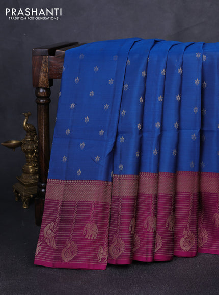 Kanchipuram soft silk saree cs blue and magenta pink with allover zari woven buttas and long zari woven border