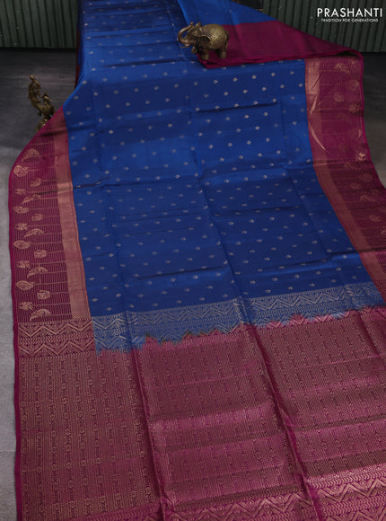 Kanchipuram soft silk saree cs blue and magenta pink with allover zari woven buttas and long zari woven border