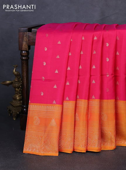 Kanchipuram soft silk saree pink and orange with allover zari checks & buttas and long zari woven border