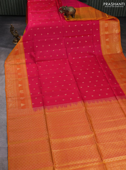 Kanchipuram soft silk saree pink and orange with allover zari checks & buttas and long zari woven border