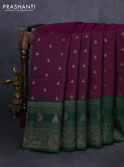 Kanchipuram soft silk saree dark magenta pink and green with allover zari checks & buttas and long zari woven border