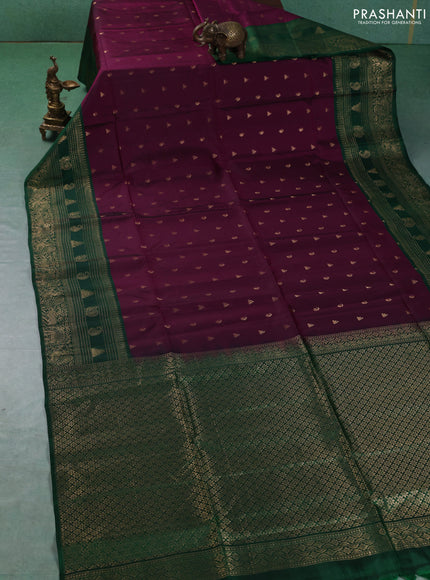 Kanchipuram soft silk saree dark magenta pink and green with allover zari checks & buttas and long zari woven border
