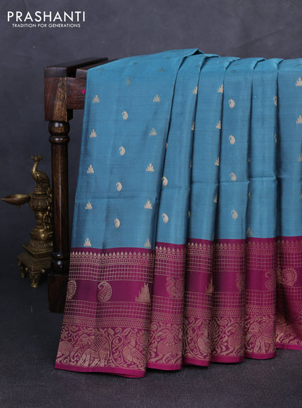 Kanchipuram soft silk saree pastel blue and magenta pink with allover zari checks & buttas and long zari woven border