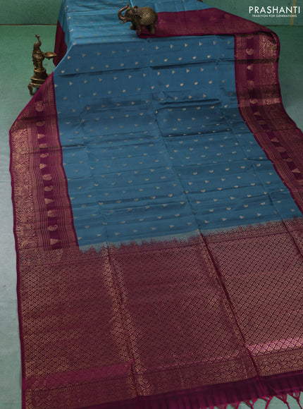 Kanchipuram soft silk saree pastel blue and magenta pink with allover zari checks & buttas and long zari woven border