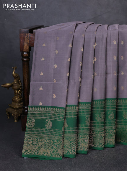 Kanchipuram soft silk saree grey and green with allover zari checks & buttas and long zari woven border