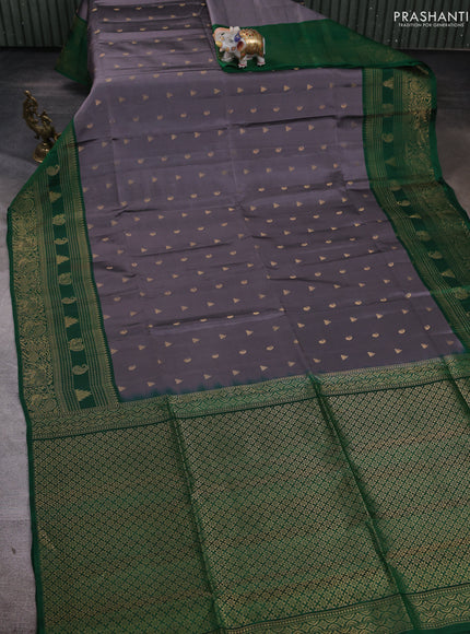 Kanchipuram soft silk saree grey and green with allover zari checks & buttas and long zari woven border