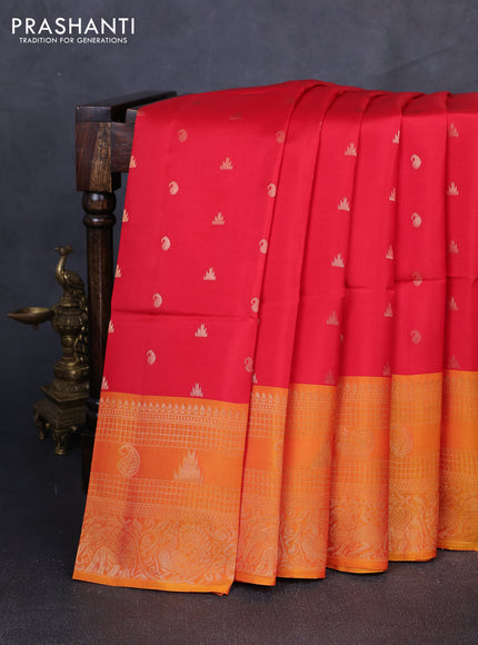 Kanchipuram soft silk saree red and sunset orange with allover zari checks & buttas and long zari woven border
