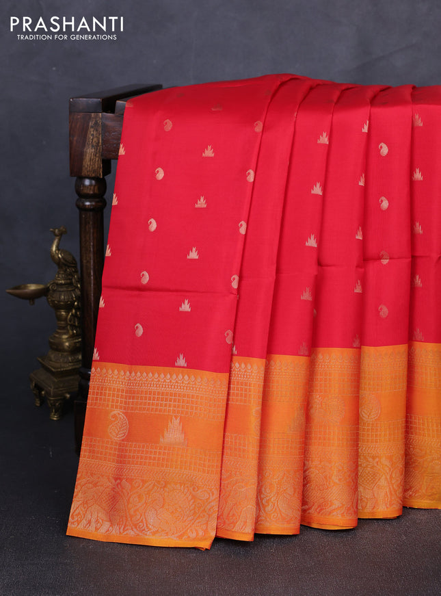 Kanchipuram soft silk saree red and sunset orange with allover zari checks & buttas and long zari woven border
