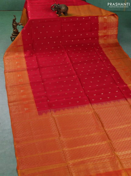 Kanchipuram soft silk saree red and sunset orange with allover zari checks & buttas and long zari woven border